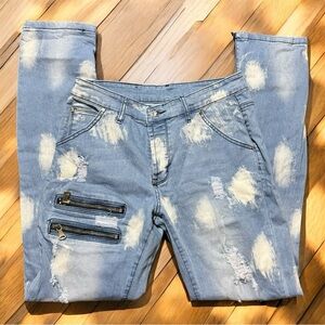 🖤HENGAO Men’s Distressed Moto Jeans | Size 30 | Button Fly & Zipper Detail 🖤